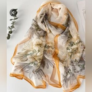2 FOR $40NEW Butterly Yellow Lily Print Spring Summer Scarf Orange Trim-(#1,402)